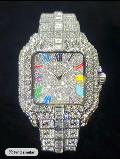 Men’s Luxury Square Rhinestone Quartz Watch – Silver
