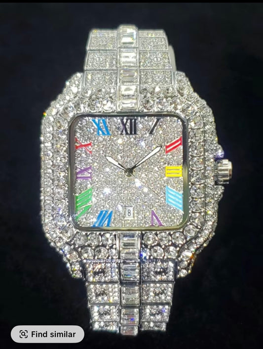 Men’s Luxury Square Rhinestone Quartz Watch – Silver