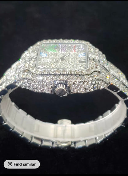 Men’s Luxury Square Rhinestone Quartz Watch – Silver