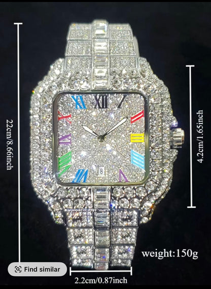Men’s Luxury Square Rhinestone Quartz Watch – Silver