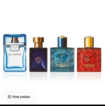 Versace Mini Cologne Set for Men – 4 x 0.17 oz (5 ml) Bottles: Eros, Eros Flame, Eau Fraiche, Dylan Blue