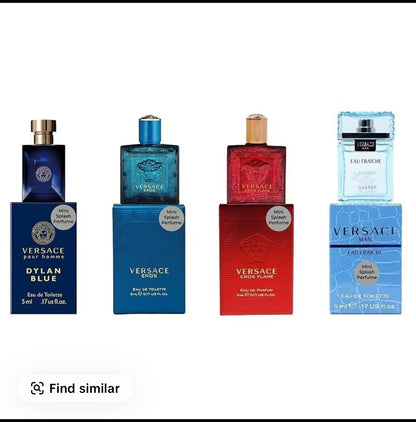 Versace Mini Cologne Set for Men – 4 x 0.17 oz (5 ml) Bottles: Eros, Eros Flame, Eau Fraiche, Dylan Blue